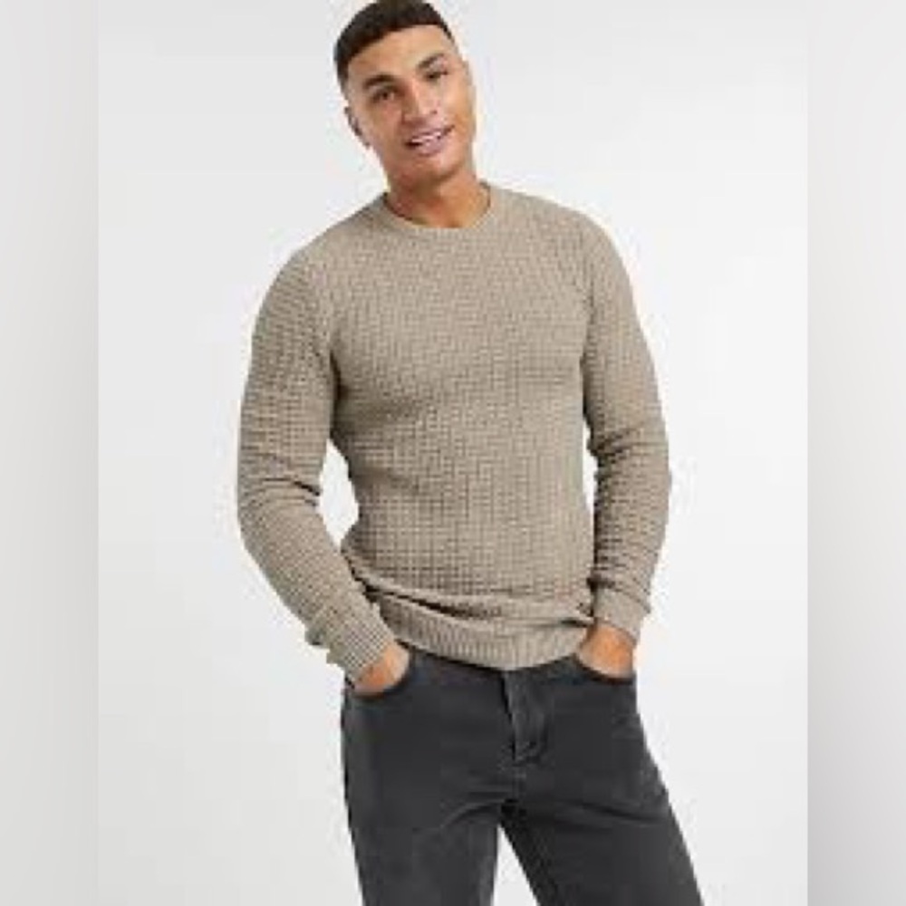 ASOS Design Muscle Fit Waffle Knit Stretch Sweater Oatmeal Color Small neutral
